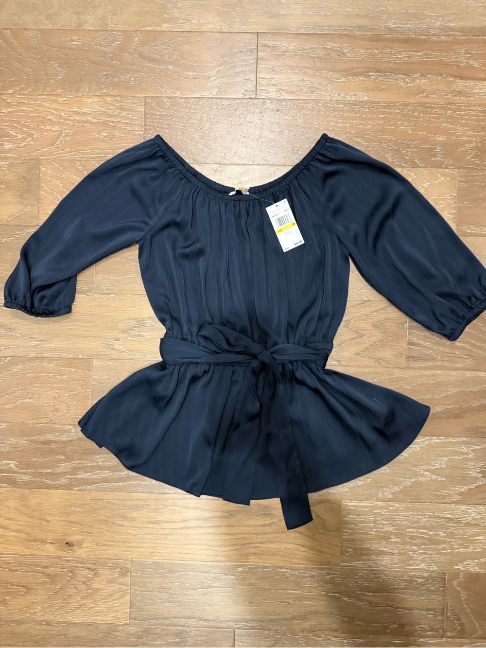 Michael Kors Navy Off-Shoulder Tie-Belt Peplum Blouse